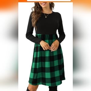 Palinda Women's Long Sleeve Empire Waist Green Plaid Dress